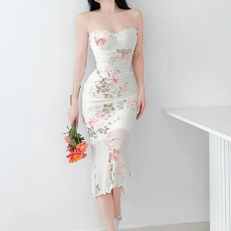 Elegant Flower Print Suspender Dress Women Fashion Off Shoulder Backless Midi Dresses Chic Female Party Club Vestidos