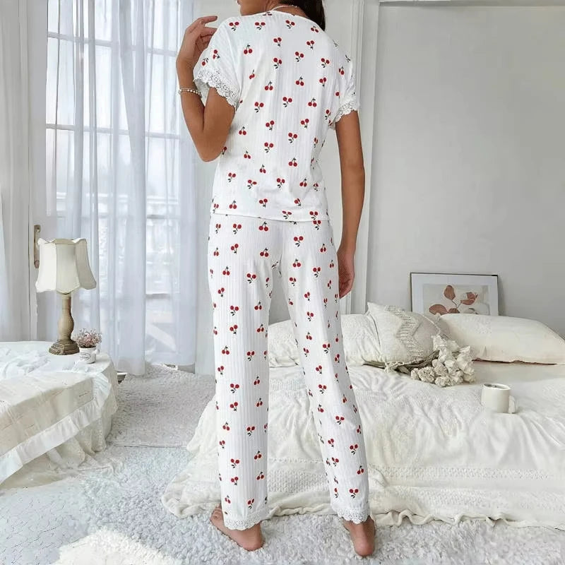 Lace Trim Women Pajama Set Short Sleeve Front Button Top & Full-Length Pants Cherry Print 2 Pieces Sleepwear Nightwear Homewear