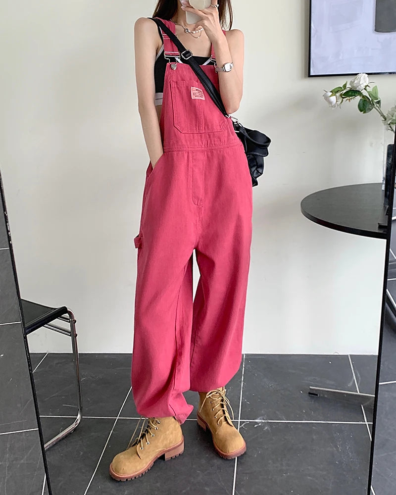 XS-XL jean womens 2022 Summer Preppy Style loose Girls Pink wide leg trousers jumpsuit korean casual denim overalls womens(78891