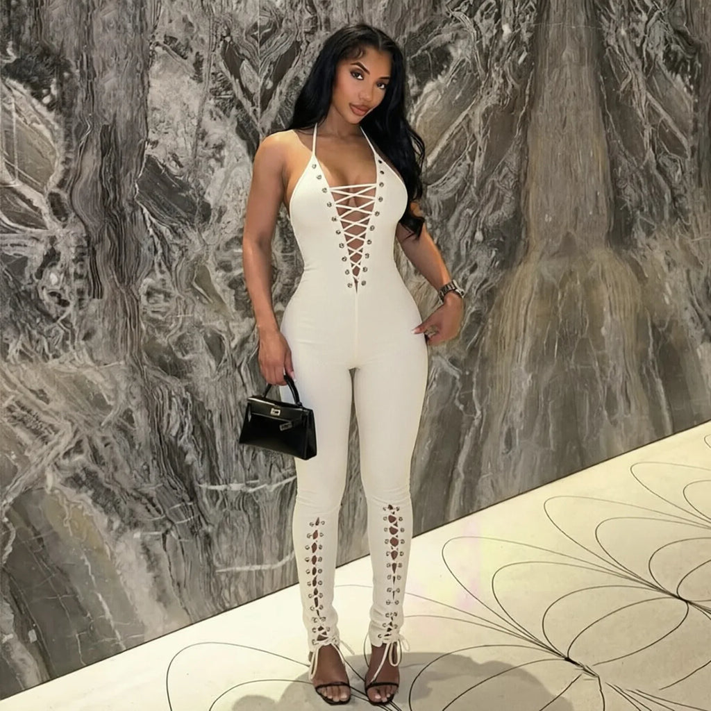 Bandage Women's Halter Neck Lace Up Bodycon Jumpsuit Cut Out Eyelet Long Pantsuit 2026 Summer Sexy Club Party Night Out Outfit
