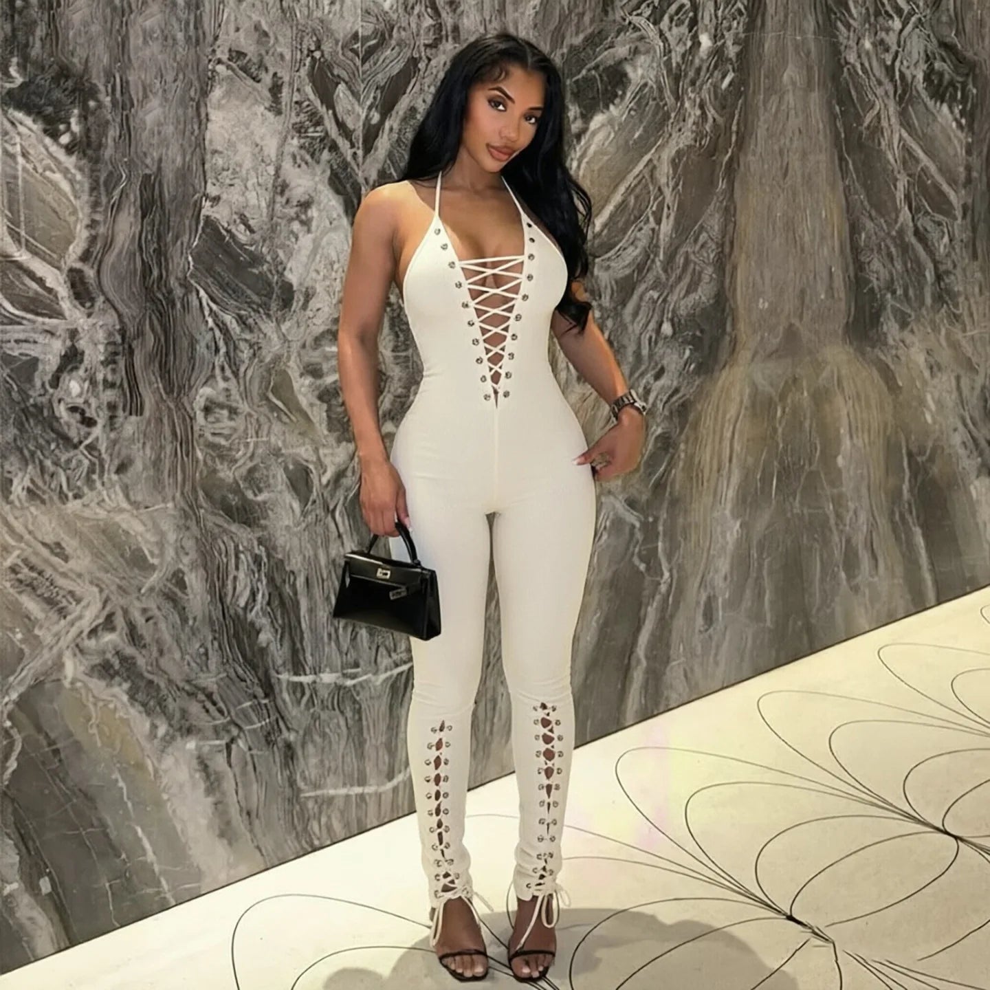 Bandage Women's Halter Neck Lace Up Bodycon Jumpsuit Cut Out Eyelet Long Pantsuit 2026 Summer Sexy Club Party Night Out Outfit