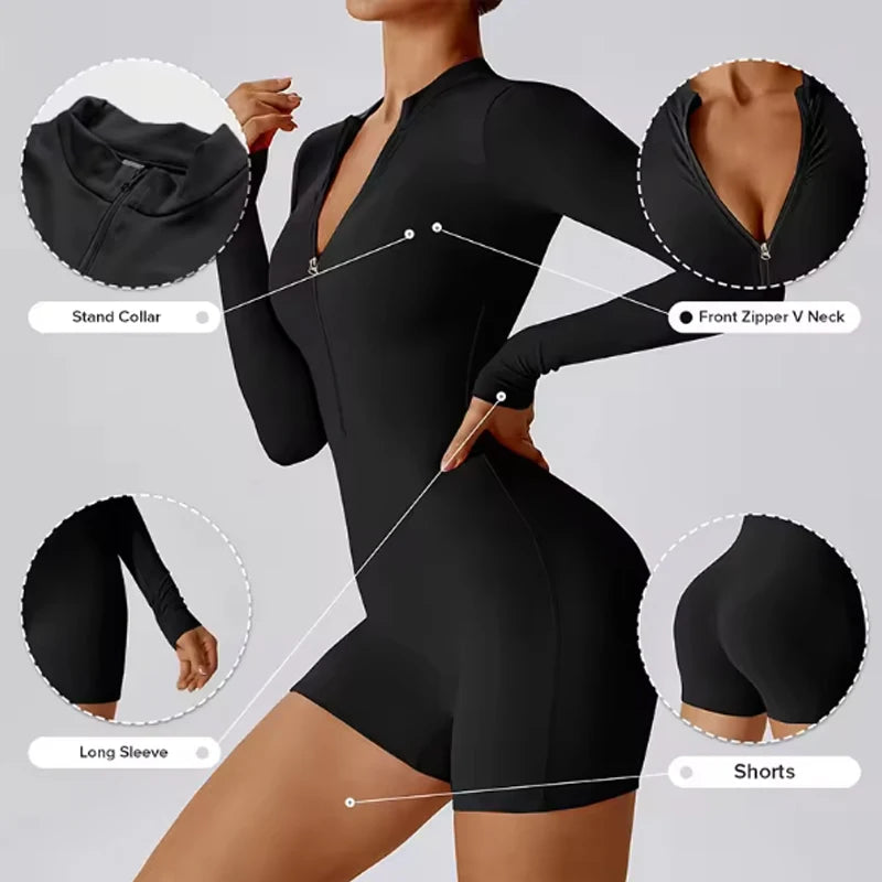 Women's Fitness Short Jumpsuits Long Sleeve Training Overalls One-Piece Sporty Suits Workout Romper Gym Clothing Woman Tracksuit