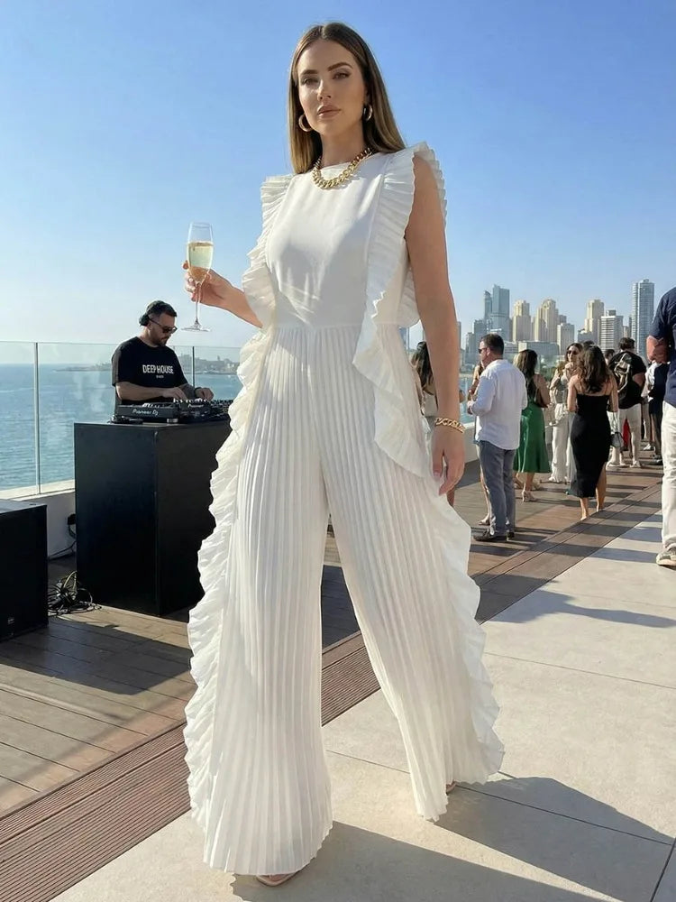 Women White Jumpsuit Round Neck Sleeveless Ruffled Pleated Split Joint Wide Leg Loose Fit Casual Summer Beach Vacation Outfits