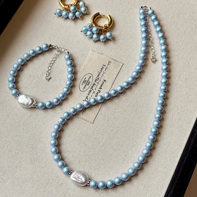Minar Good Quality Blue Color Irregular Baroque Freshwater Pearl Beaded Necklace for Women Silver Plated Chain Strand Chokers