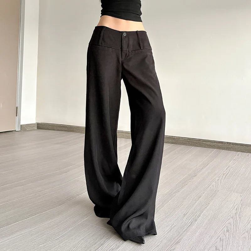 Black Wide Leg Suit-pants Korean Fashion Low Rise Loose Casual Pants for Women y2k Streetwear Basic All-match Pants Lady