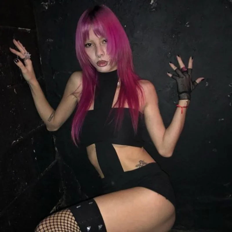 Vintage american style high street sexy jumpsuit shorts punk retro halter neck slim womens tights Y2K goth emo girl streetwear