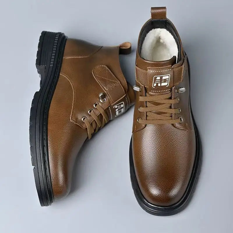 Men's Winter High-Top Cotton Leather Boots Warm Fleece Lined Slip-On Snow Boots Versatile Casual Shoes for All Seasons