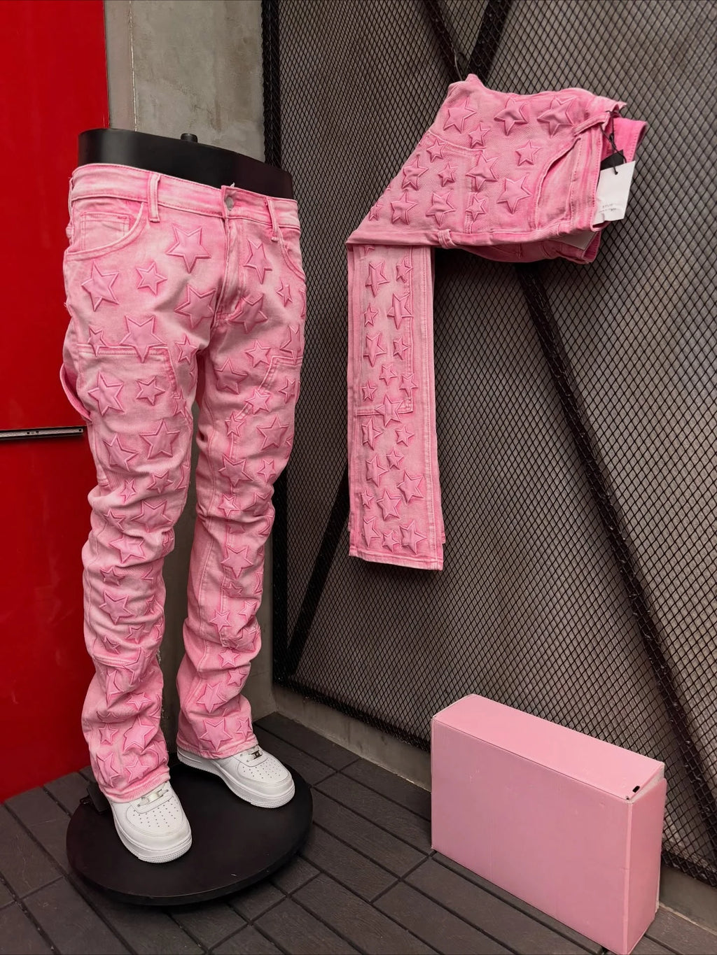 Y2k Skinny Jeans Men Gothic Punk 3D Star Pattern Pink Straight Leg Pants Harajuku Casual Denim Trousers Low Rise Men Clothing