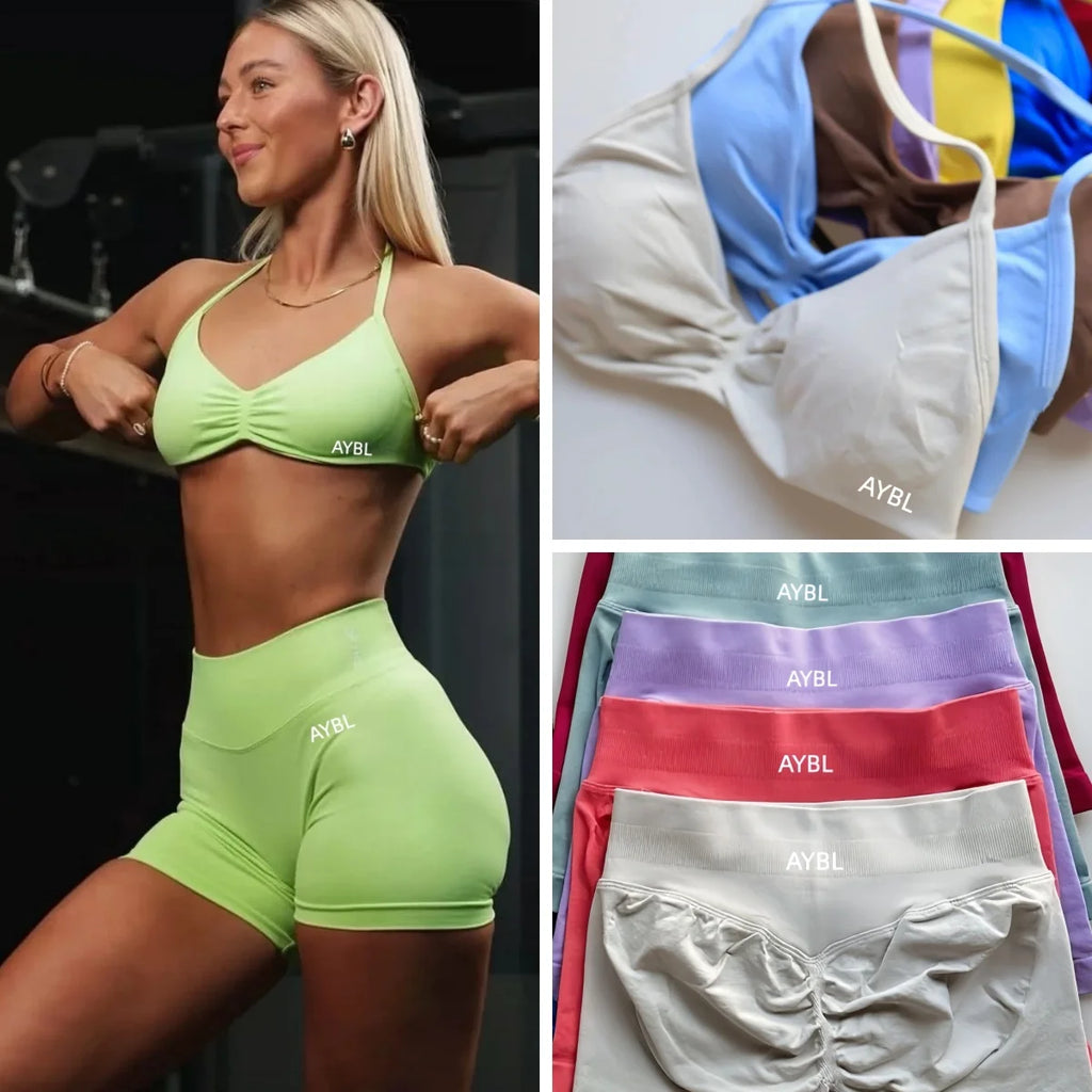 2 Pieces Women Sports Yoga Bra Set Running Gym Top Adapt Seamless Shorts High Elastic Yoga Shorts Gym Seamless Workout Halter