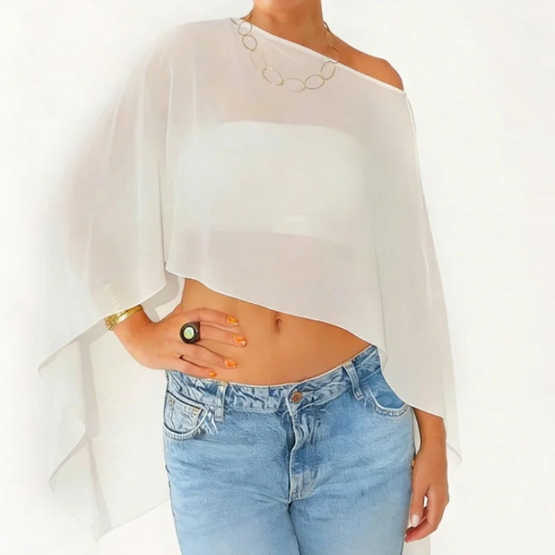 Women Sheer Mesh Poncho Top One Shoulder See Through Cape Blouse Asymmetrical Cover Up Beach Party Shrug Top
