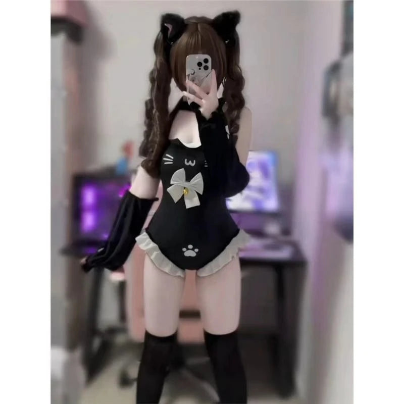 Japanese Cat Kawaii One-Piece With Bell & Bow + Arm Sleeve Cute Halter Top Bodycon Sexy Hot Girl Lace Trim Set Spring Summer