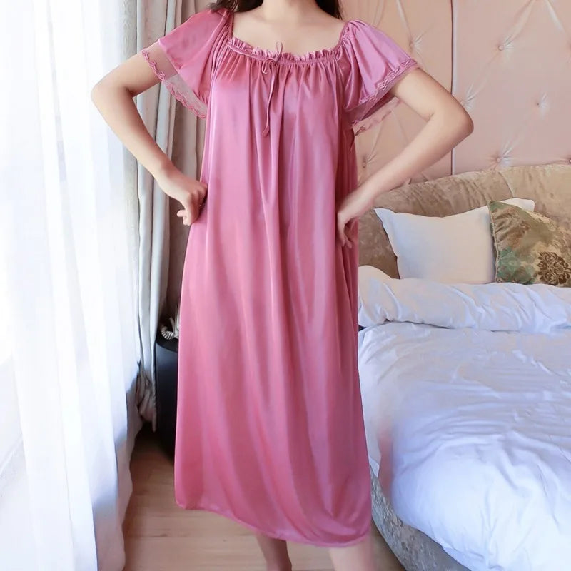 Ice Silk Lace Long Sleepwear V-neck Sleepwear Set Nightdress Homewear Nightwear Pyjamas Female  Nightgown Loose Plus Size