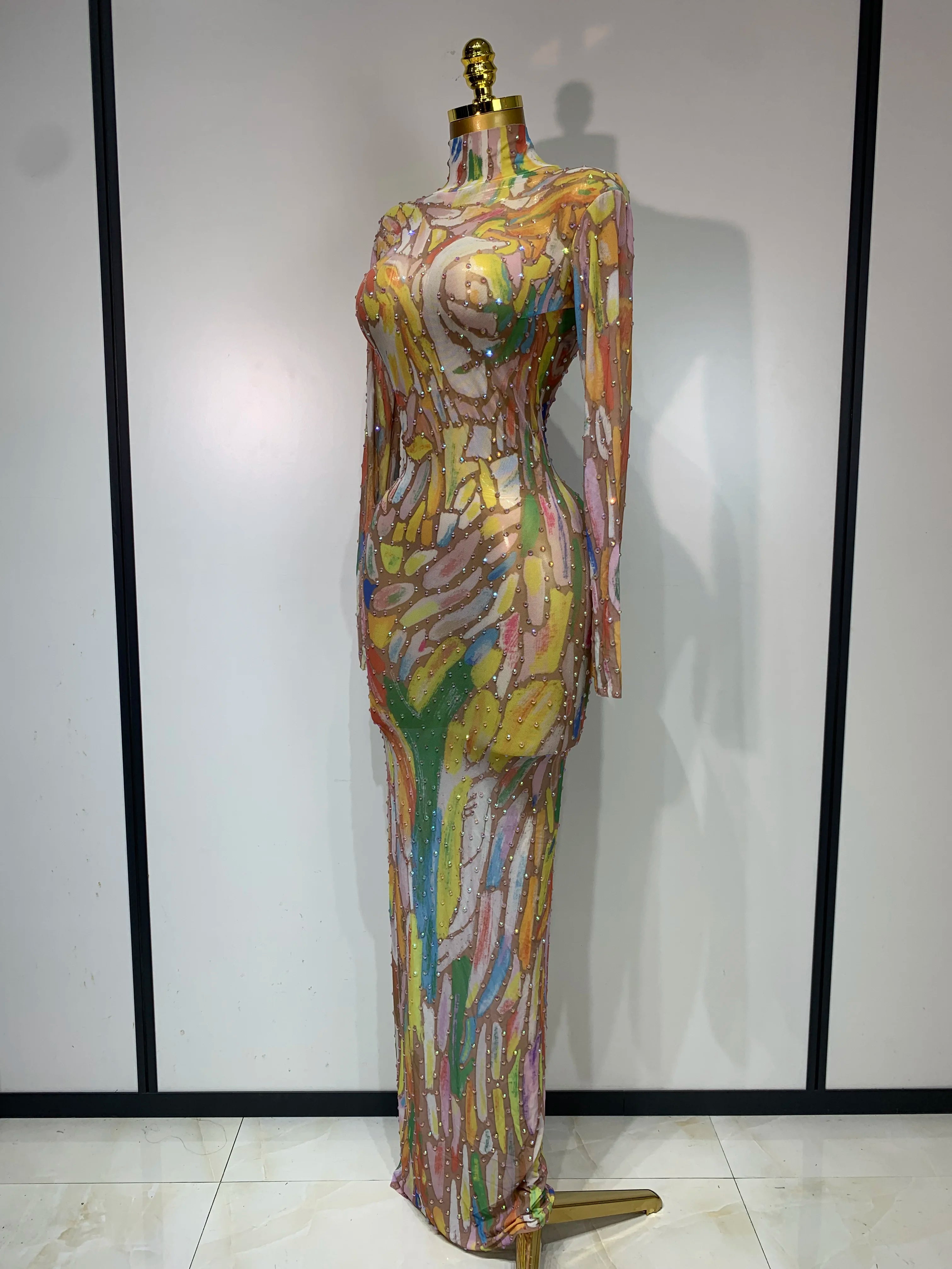 Sparkly Rhinestone Stretchy Mesh See Through Dress Women Performance Dancer Costume Rompers Party Nightclub Stage Outfit