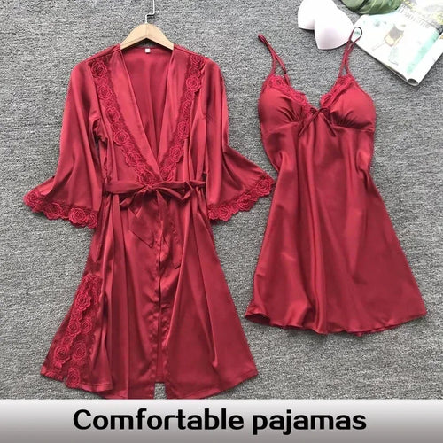 2PCS Female Lace Pajamas Set Satin Home Pyjamamas Lace Robe Sleep Suit V-Neck Wedding Nightwear Silk Dress Women Sleepwear