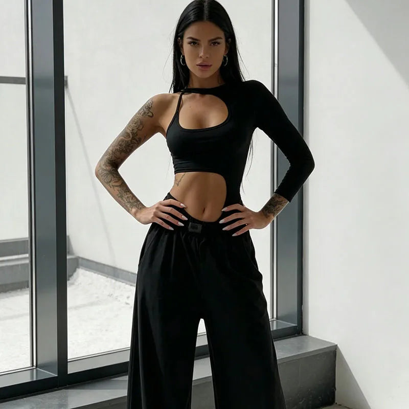 European American Sexy Girl Hollow Out Exposed navel Asymmetrical Personality Single Shoulder Hanging Neck Pure Desire Bodysuit