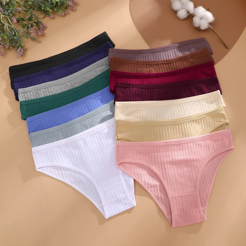 4Pcs/Set Cotton Panties Women Striped Solid Color Briefs Sexy Low-Waist Breathable Underpants Ladies Soft Stretch Lingerie M-XL