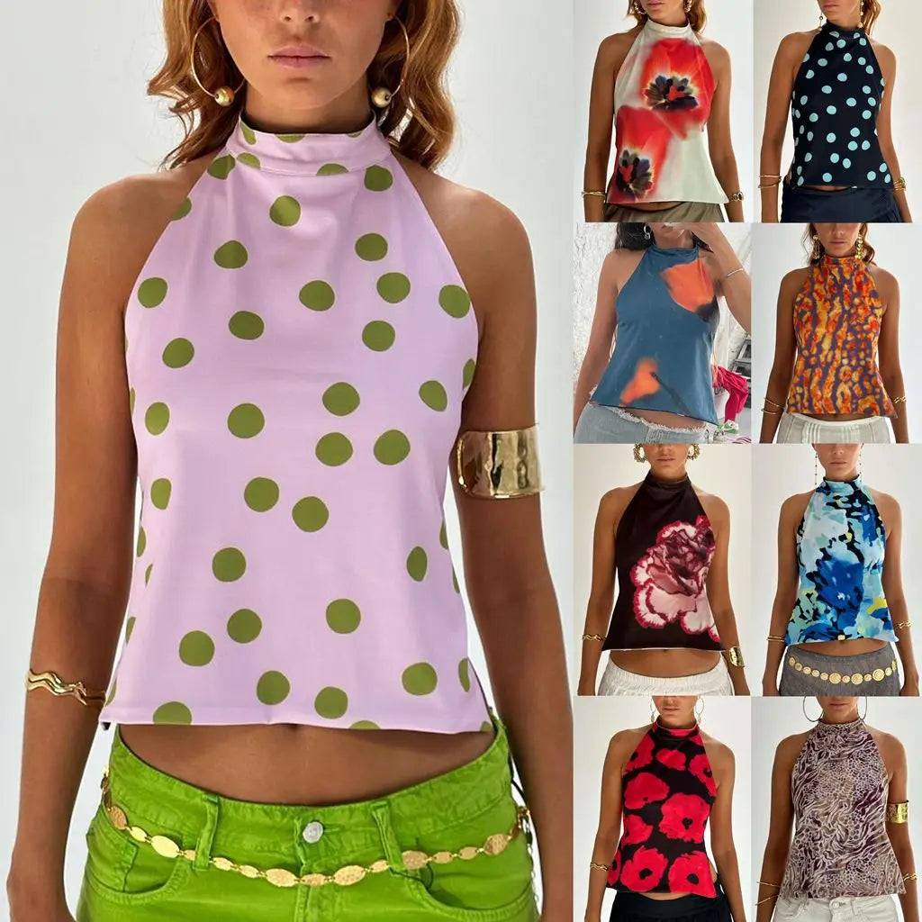 Combhasaki Women's Y2K Button Closure Halter Neck Crop Tops Sleeveless Backless Aesthetic Dots/Tie-dye Flower Print Summer Vests