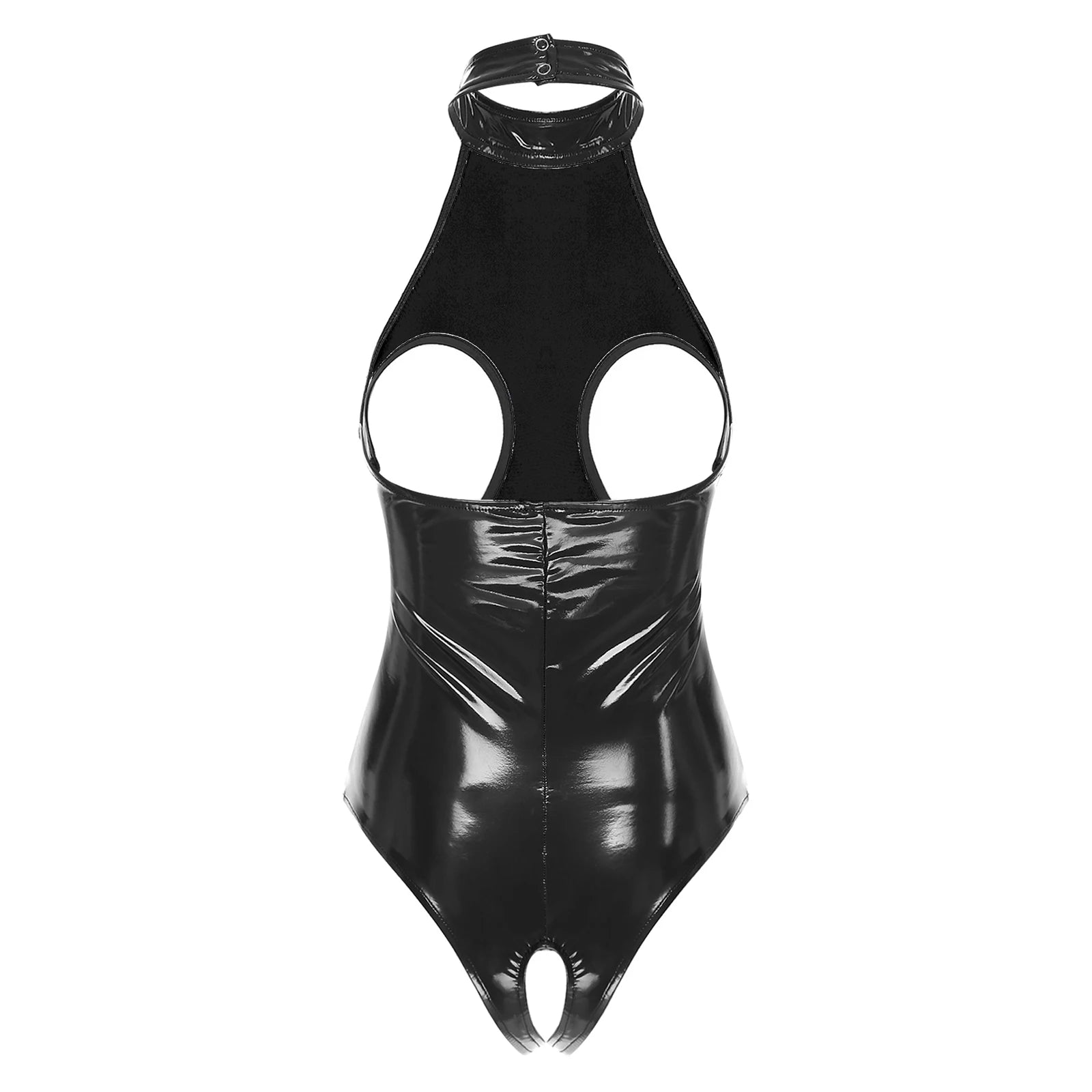 Womens Latex Lingerie Cutout Patent Leather Bodysuit Halter Neck Backless Crotchless Open Cup Teddies Leotard Erotic Clubwear