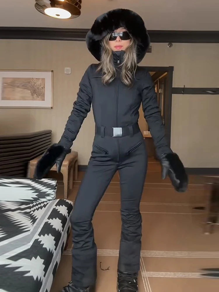 Fur-Trimmed Hooded Belted One-Piece Ski Suit Slim Windproof Water-Resistant Cuff 2025 Winter Fashion Women Fashion Snow Bodysuit