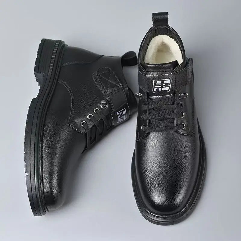Men's Winter High-Top Cotton Leather Boots Warm Fleece Lined Slip-On Snow Boots Versatile Casual Shoes for All Seasons