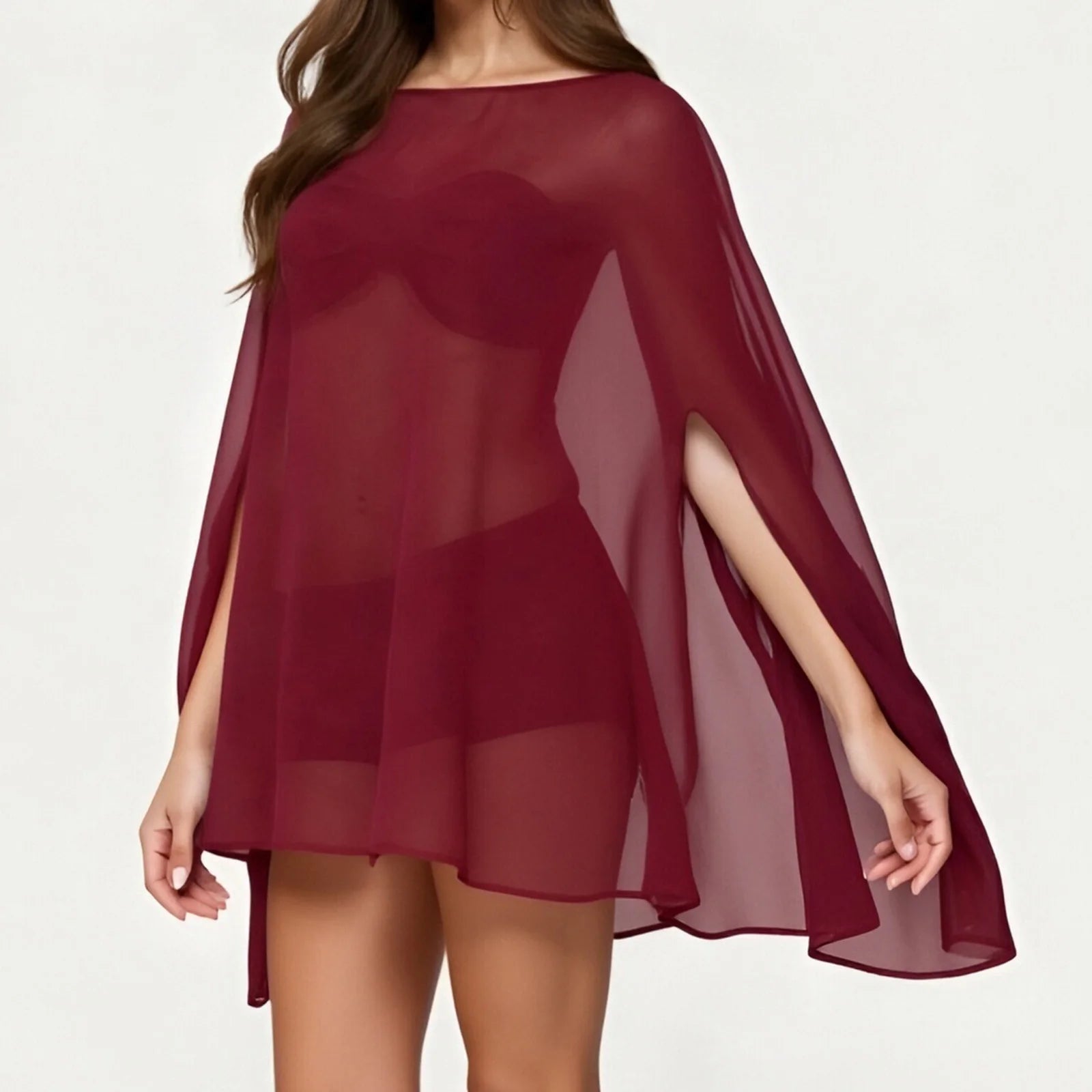 Women Summer y2k Vintage Poncho Batwing Sleeve Sheer Mesh Tops Solid Color Loose Cover-Ups Tops Clubwear Party