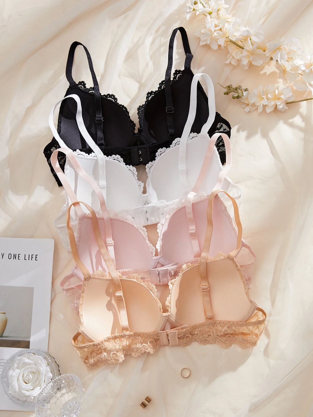 4PCS/Set Lace Women's Underwear Set Rhinestone Bow Push Up Bra Soft Sexy Floral Lace Daily Underwire Bras Women