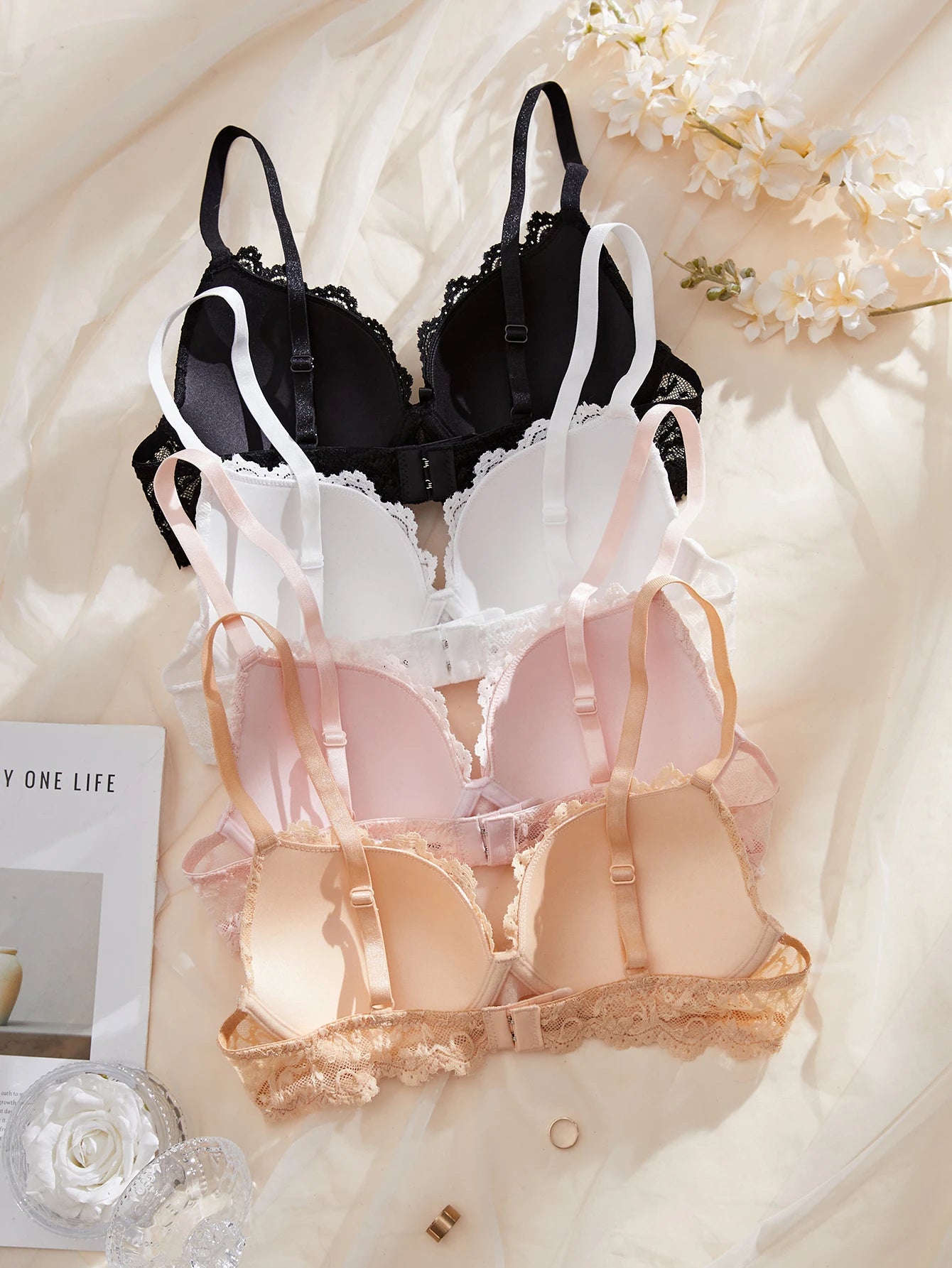 4PCS/Set Lace Women's Underwear Set Rhinestone Bow Push Up Bra Soft Sexy Floral Lace Daily Underwire Bras Women