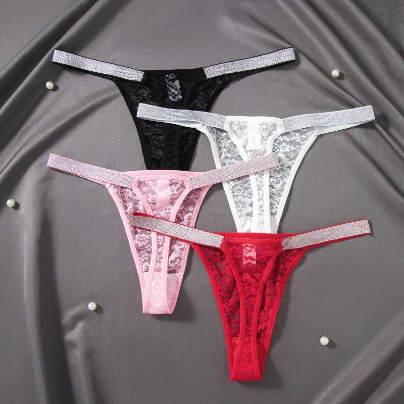 3Pcs Set Sexy Lace G-String – Rhinestone Strap See Through Floral Women Panties Low Rise Breathable Intimates
