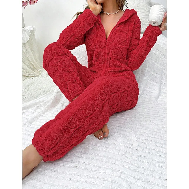 Women's Soft Coral Velvet Jacquard Warm Pajama Winter Loungewear Hoodie Onesie pajamas Valentine's Day Gift