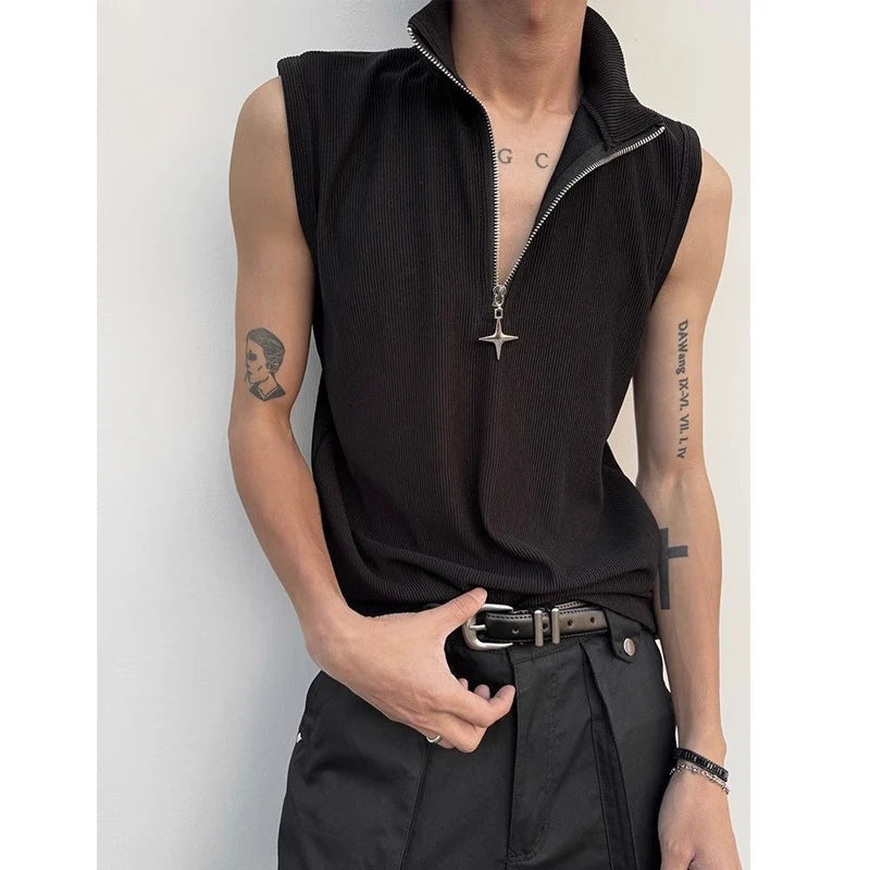 High Street Zipper Patchwork Tank Tops Men's Summer New Sleeveless Solid Simplicity Casual Pullovers Fashion Trend Men Clothing