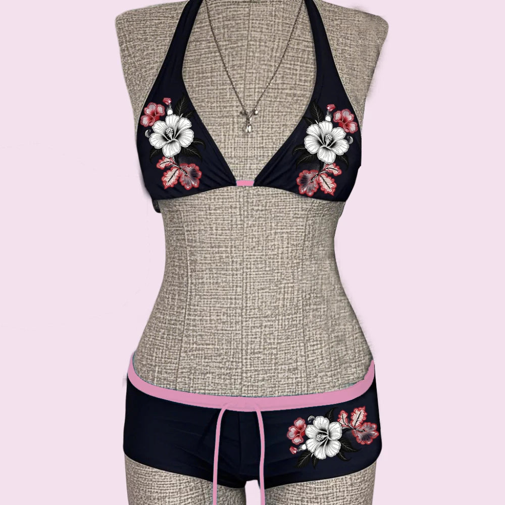 UETEEY 2025 New Summer Swimwear Bikinis Set Sexy Printed Lace Back Naked Bikini 2 Pieces Set Women's Swimwear Slit Beach Bikini
