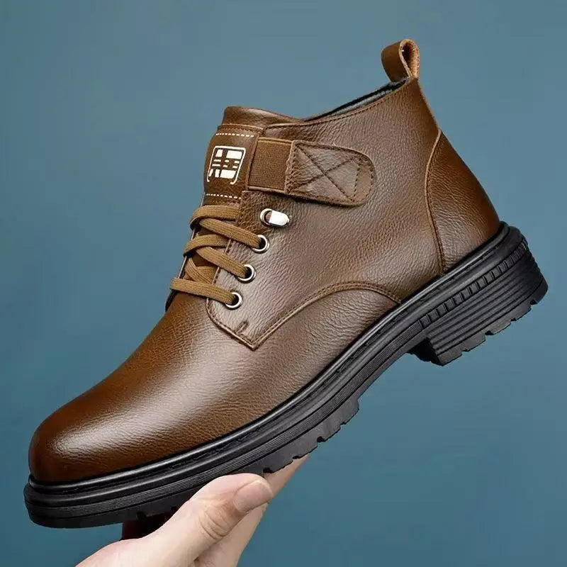 Men's Winter High-Top Cotton Leather Boots Warm Fleece Lined Slip-On Snow Boots Versatile Casual Shoes for All Seasons