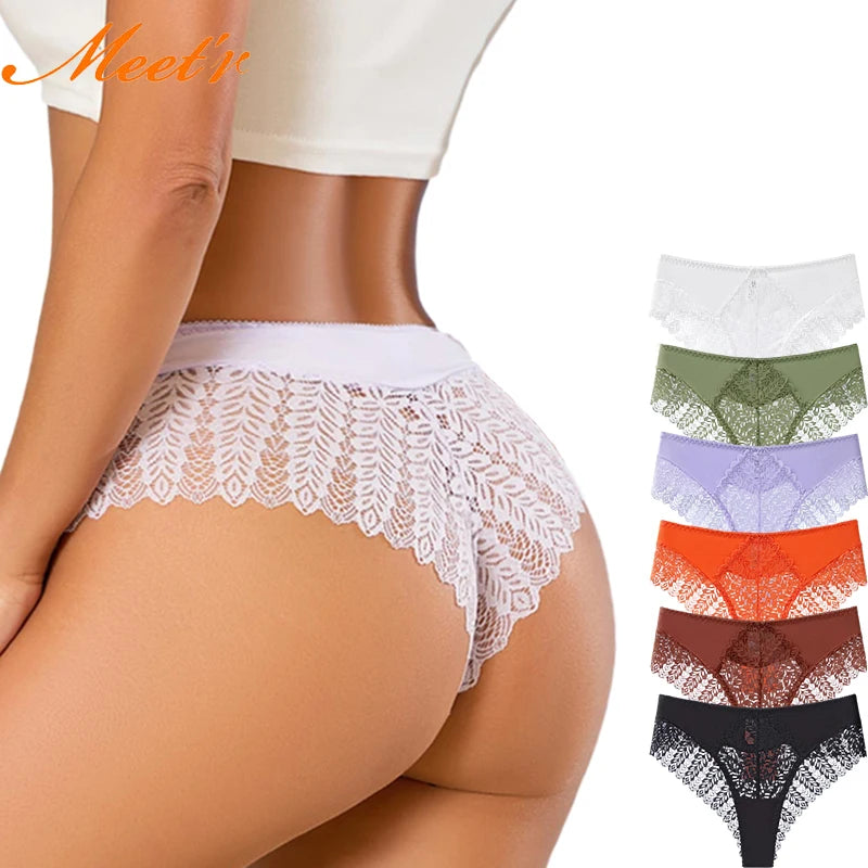 Meet'r Comfortable Hollow Briefs Lingerie European And American Mid Rise Lace Underwear Sexy Women's Breathable Triangle Pants