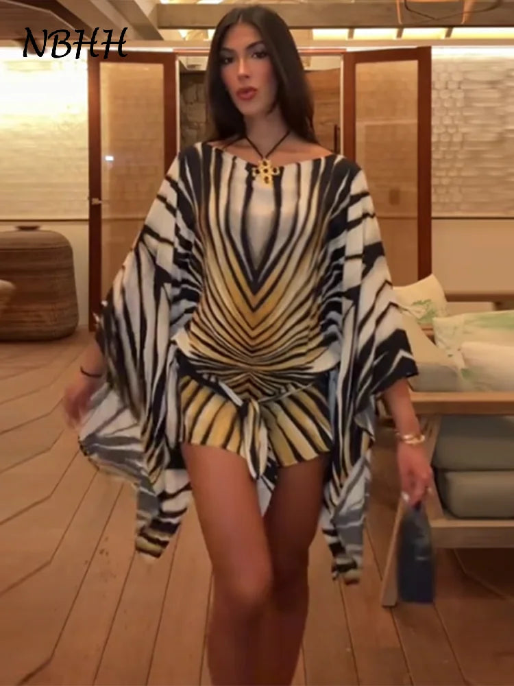 Holiday Loose Striped Mini Dress Women Round Neck Batwing Sleeve Lace Up Chic Dresses Female 2026 Summer Vacation Beach Robe