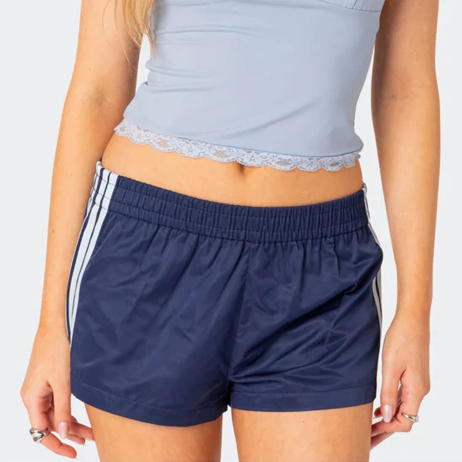 Sports Shorts Women Summer Casual Shorts Fashion Stripe Print Elastic Waist Mini Shorts Loose Workout Short Pants Beach Shorts