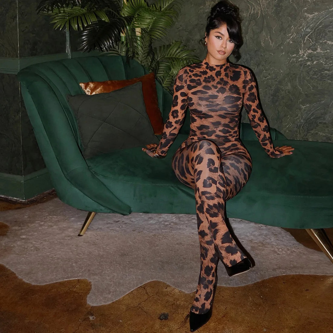 Sexy Women 2 Piece Set Club Outfits Leopard Printed Mock-Neck Top and Pants Matching Sets Fall 2025 Femme Streetwear Clothes