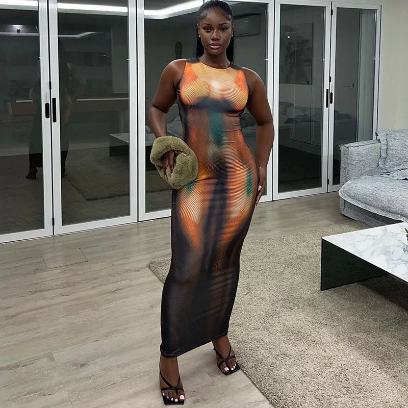 Women Summer Sleeveless Print Spaghetti Strap Dress Backless Floor-Length Sexy Slim Tank Dresses New Fashion Camisole Vestidos