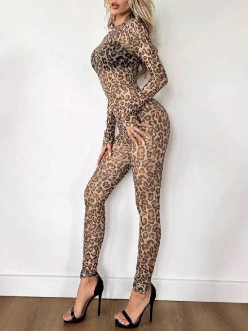 Midnight Y2K Jumpsuits Hipster Leopard Print Full Sleeve Round Neck Slim Overalls Female Trend Party Club One Piece