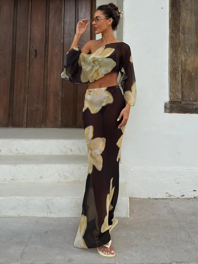 Kliou Floral Print 2 Piece Set Woman Skew Collar Full Sleeve Navel Exposed Tops+Elastic Waist Long Skirts Vacation Elegant Suits