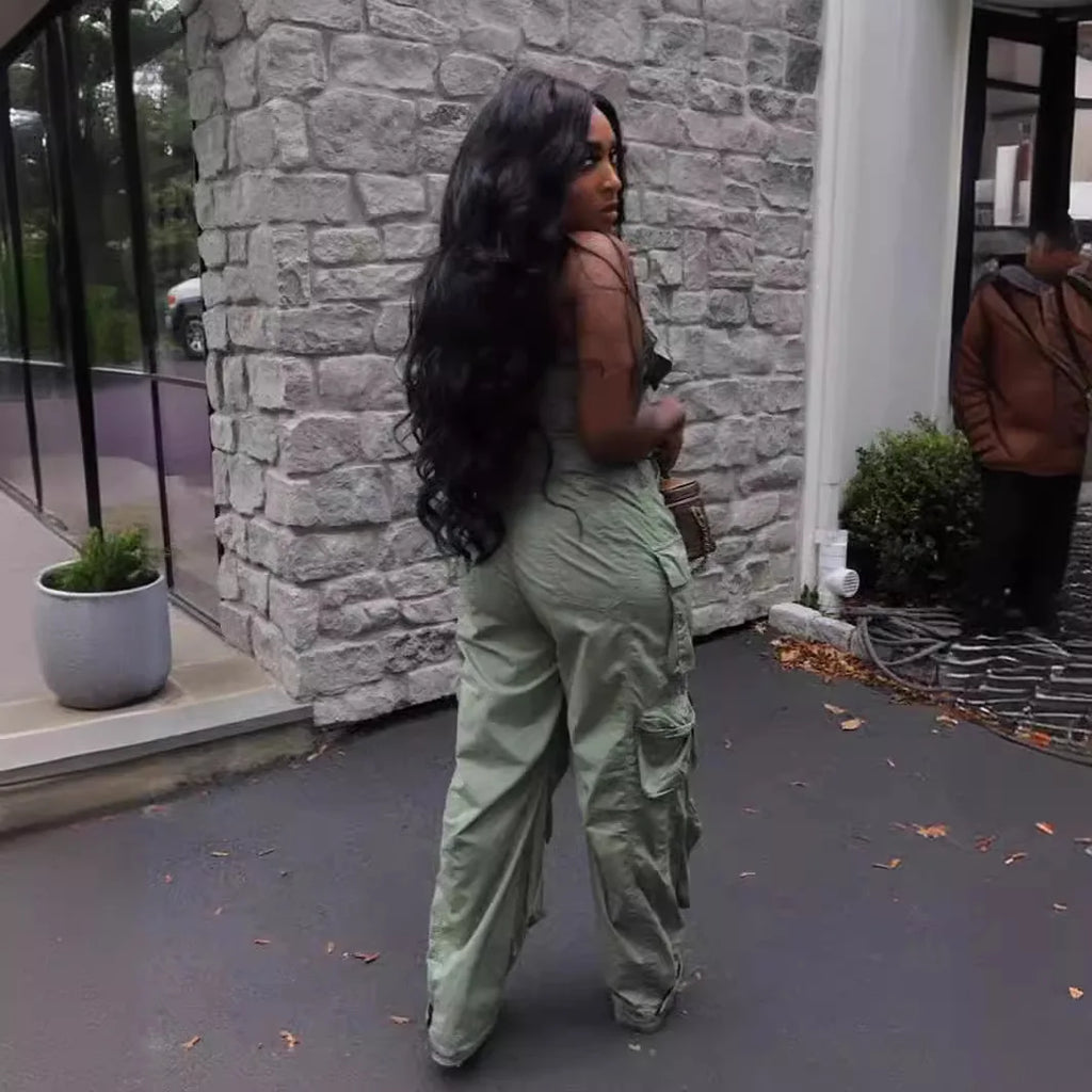 BKLD New Elastic Sexy Single Breasted Strapless Slim Fit High Waisted Sleeveless Pockets One Pieces Cargo Pants Jumpsuits