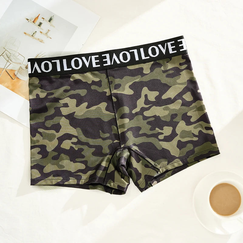 Women Printed Boyshorts Ice Silk Breathable Style with Letter Waistband Camouflage Print High-Waisted Skin-Friendly Thin Panties