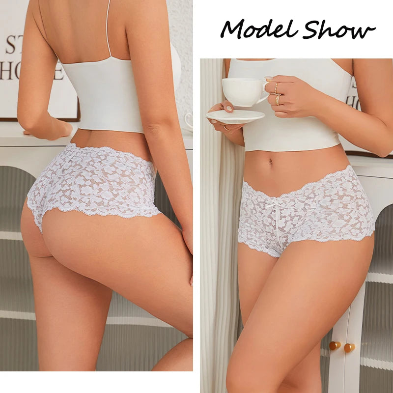 5PCS/SET Women Sexy Lace Panties Low Waist Bow Underwear Lace Trim Breathable Alluring Boxer Briefs MultiColor Pack Lingerie New