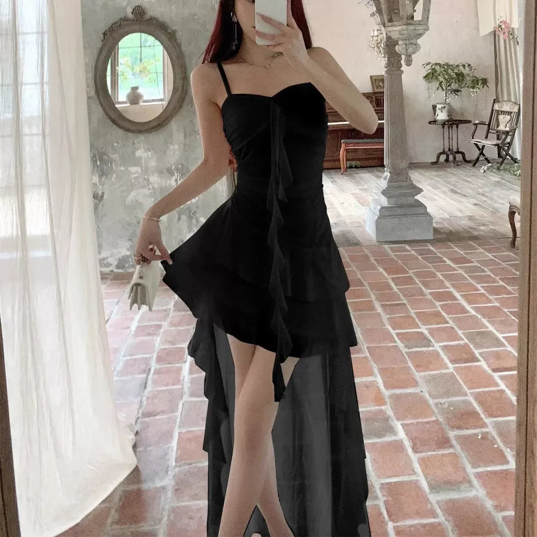 Fashion Sexy Spaghetti Strap Ruffle Irregular Bodycon Party Club Evening Dress Women Mesh Suspender Spring Summer Holiday Beach