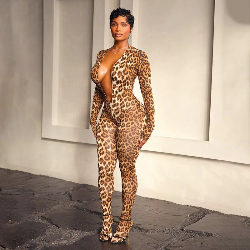 Leopard Print Jumpsuits Woman Deep V-Neck Cleavage Backless Full Sleeve Skinny Peach Hip Hot Girls Street Sexy Overalls