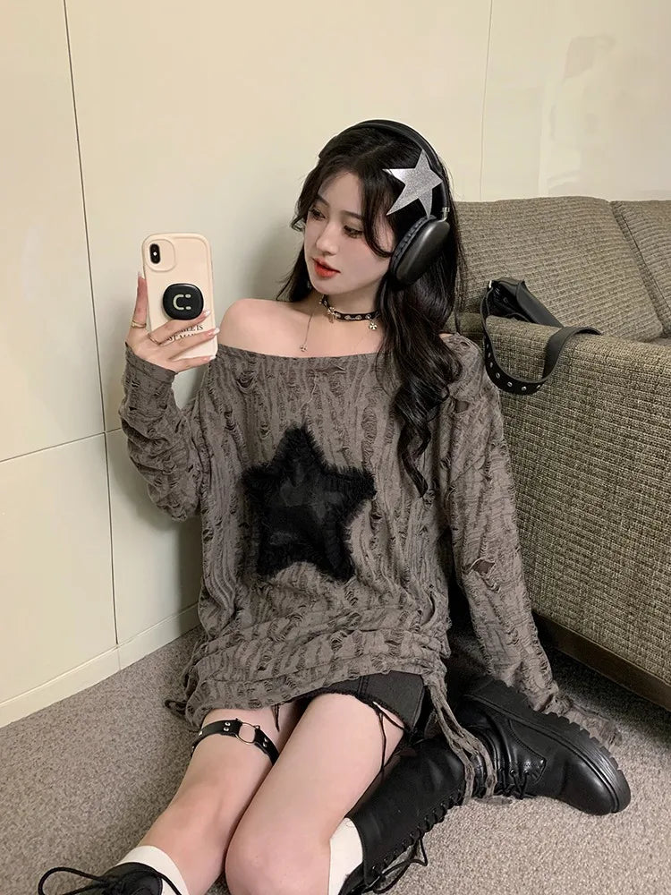Hole Star Loose Y2K T Shirt Women O Neck Drawstring Long Sleeve Tees Fashion Streetwear Kpop Pullover Tops Female T-shirts