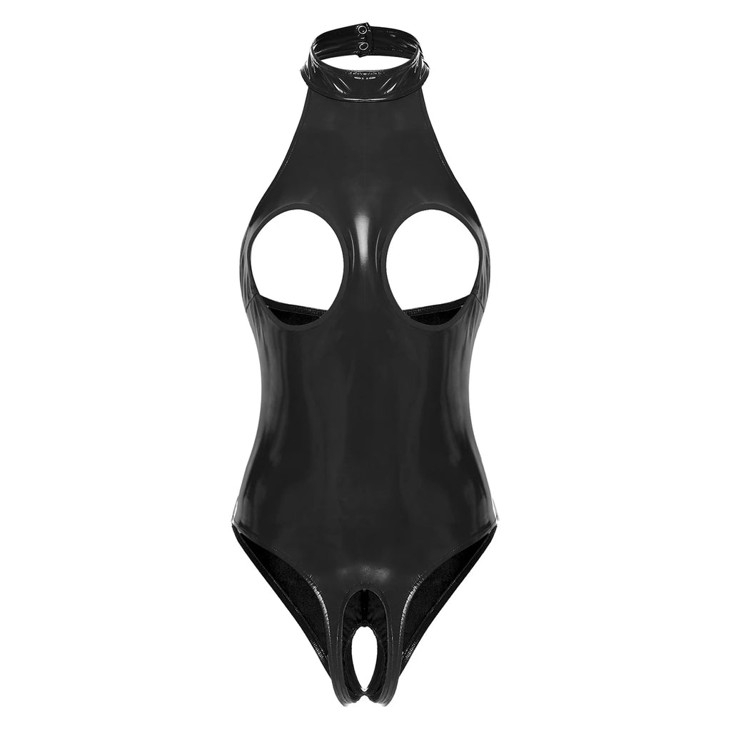 Womens Latex Lingerie Cutout Patent Leather Bodysuit Halter Neck Backless Crotchless Open Cup Teddies Leotard Erotic Clubwear