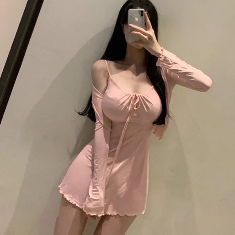 Korean Dongdaemun Comfortable Thin Open Cardigan Waist Cinched Bodycon Wood Grain Edge Strap Dress Sexy Chic Spring Cotton Bl...