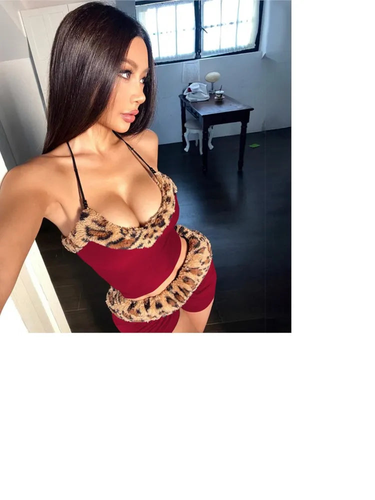 Sling New In Matching Sets 2 Pieces Set For Woman Two Piece Outfit Plush Patchwork Slim Leopard Print Street Wind Hot Girl Style