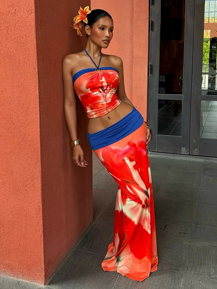 Kliou Floral Print 2 Piece Set Woman Summer Trend Halter Off Shoulder Backless Crop Tops+Elastic Waist Long Skirts Elegant Suits