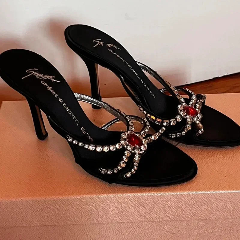 Summer New Women's High Heels Open-Toe Sandals Red Spider Gem Slippers Thin Heel Rubber Bottom round Toe Silk Surface